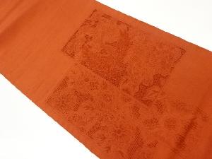 手織り紬汕頭相良刺繍短冊に花々・鳥・華紋模様袋帯